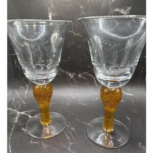 Vintage Set of 2 Artland Blown Glass Flared Wine Goblet Amber Fizz Bubble Stem